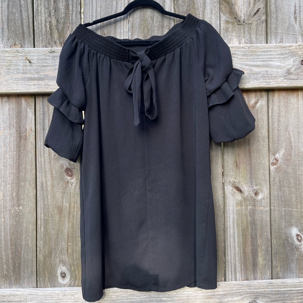 Jade Melody Tam Black Off-Shoulder Mini Dress with bow Sz S
